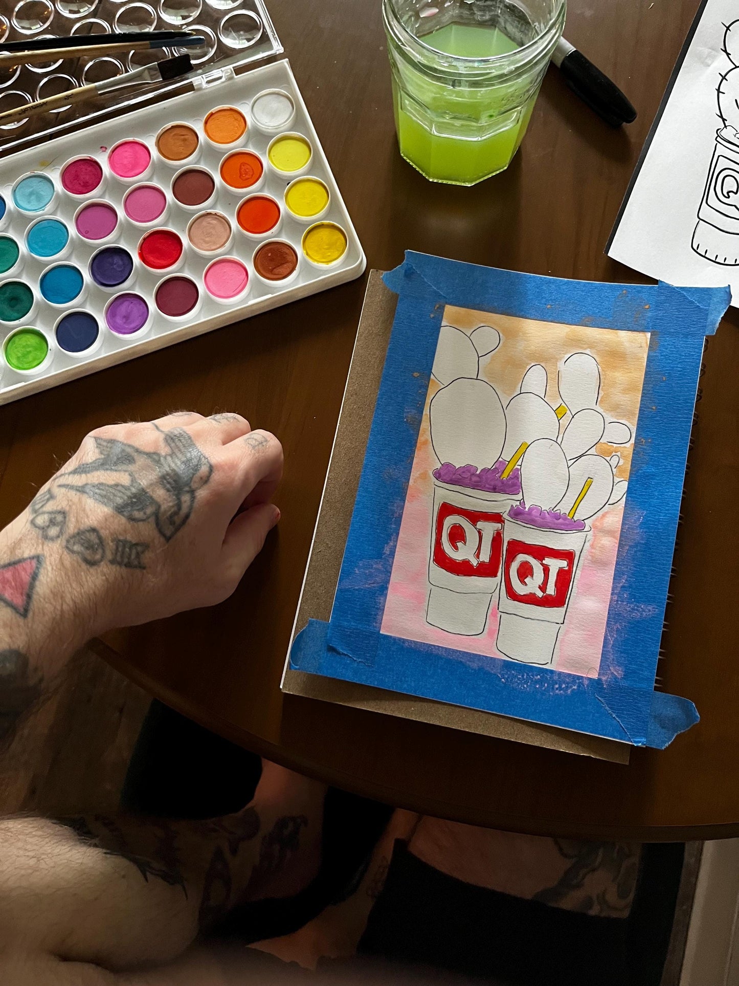 QT Gas Station Cacti Cup Watercolor, one of one.