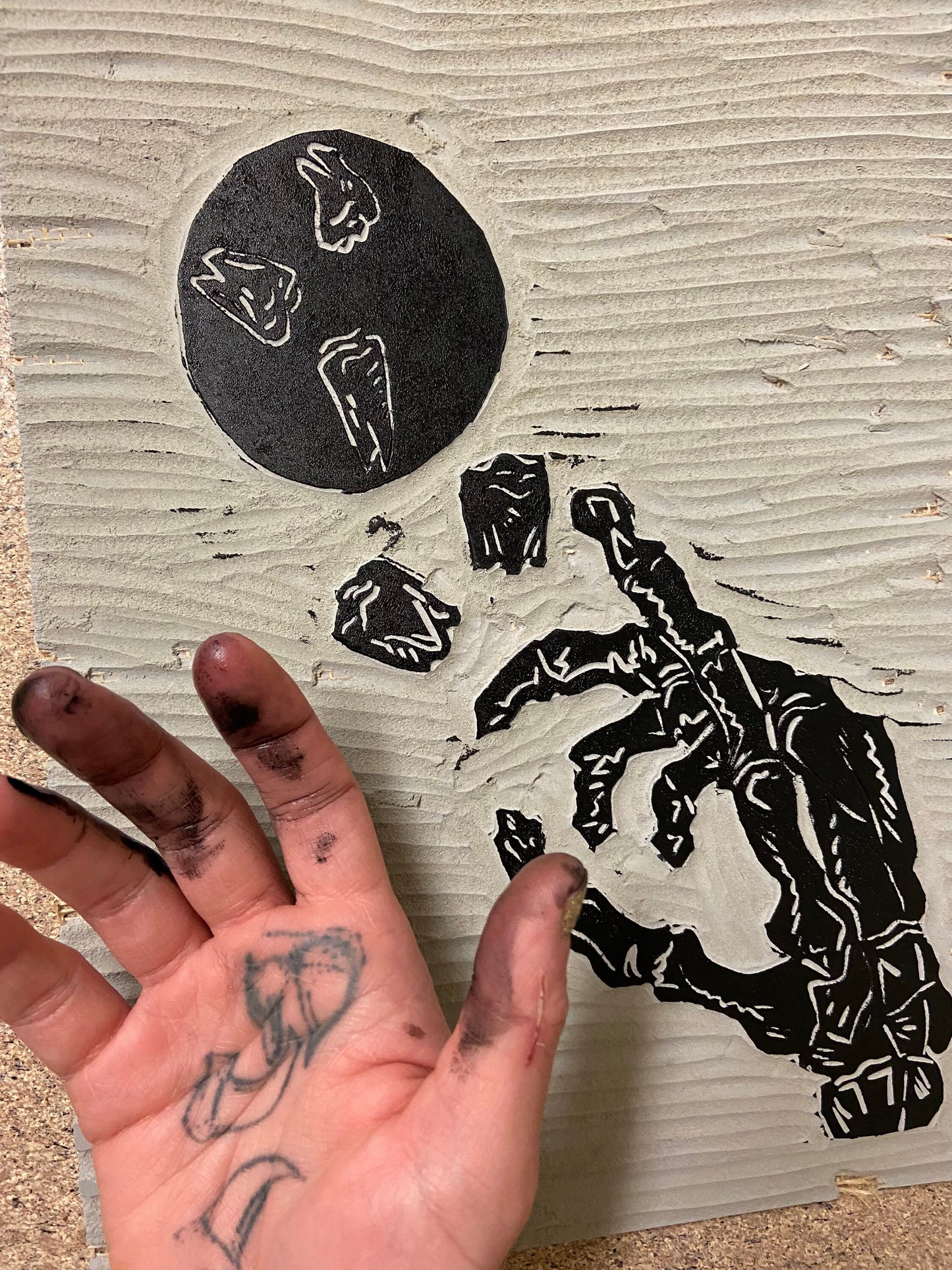 Skeleton Hand with Teeth Linoblock Print